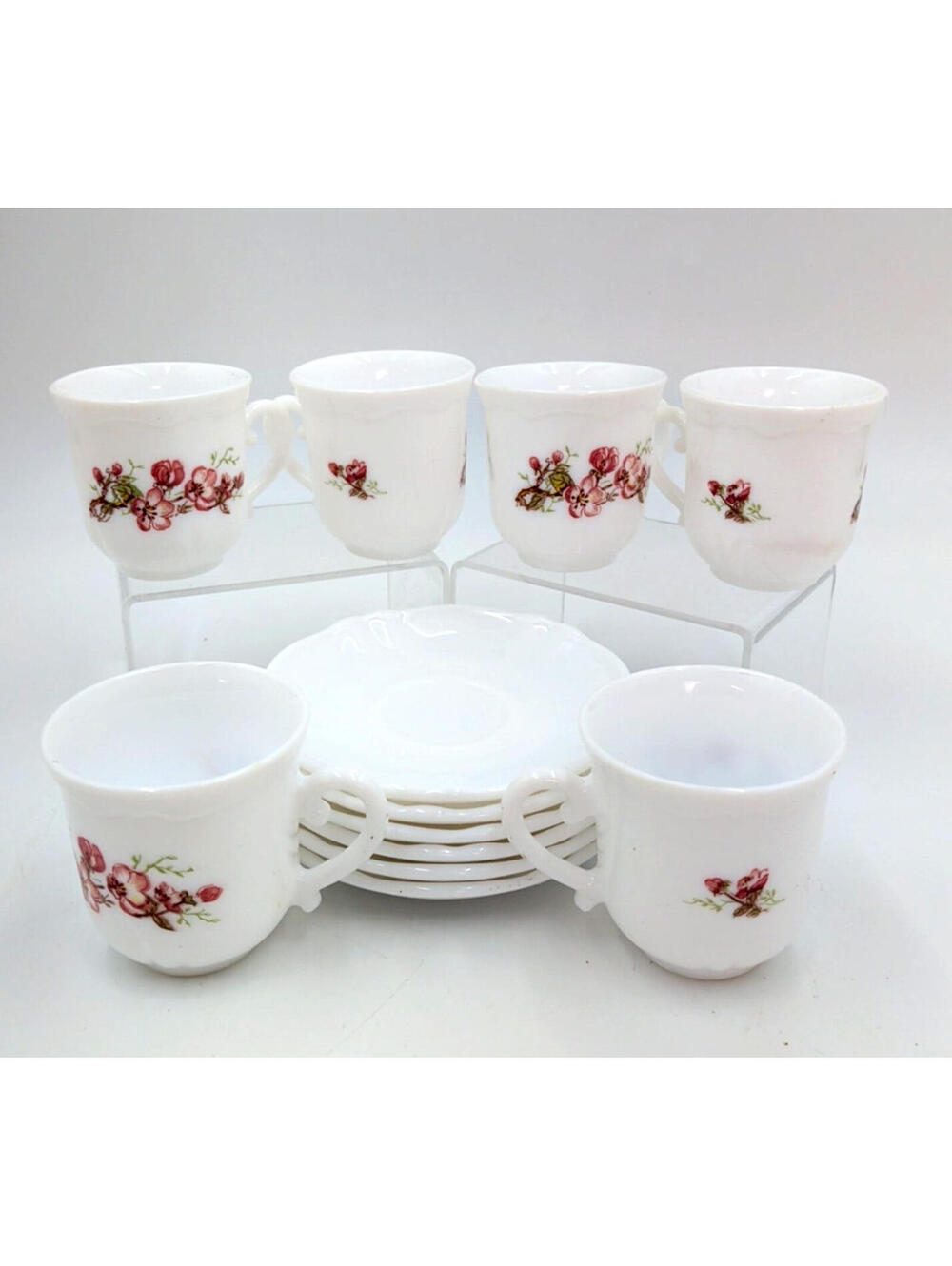 6 - VTG Arcopal France 1970s Floral Milk Glass Cup & Saucer 12 Total Items MINT